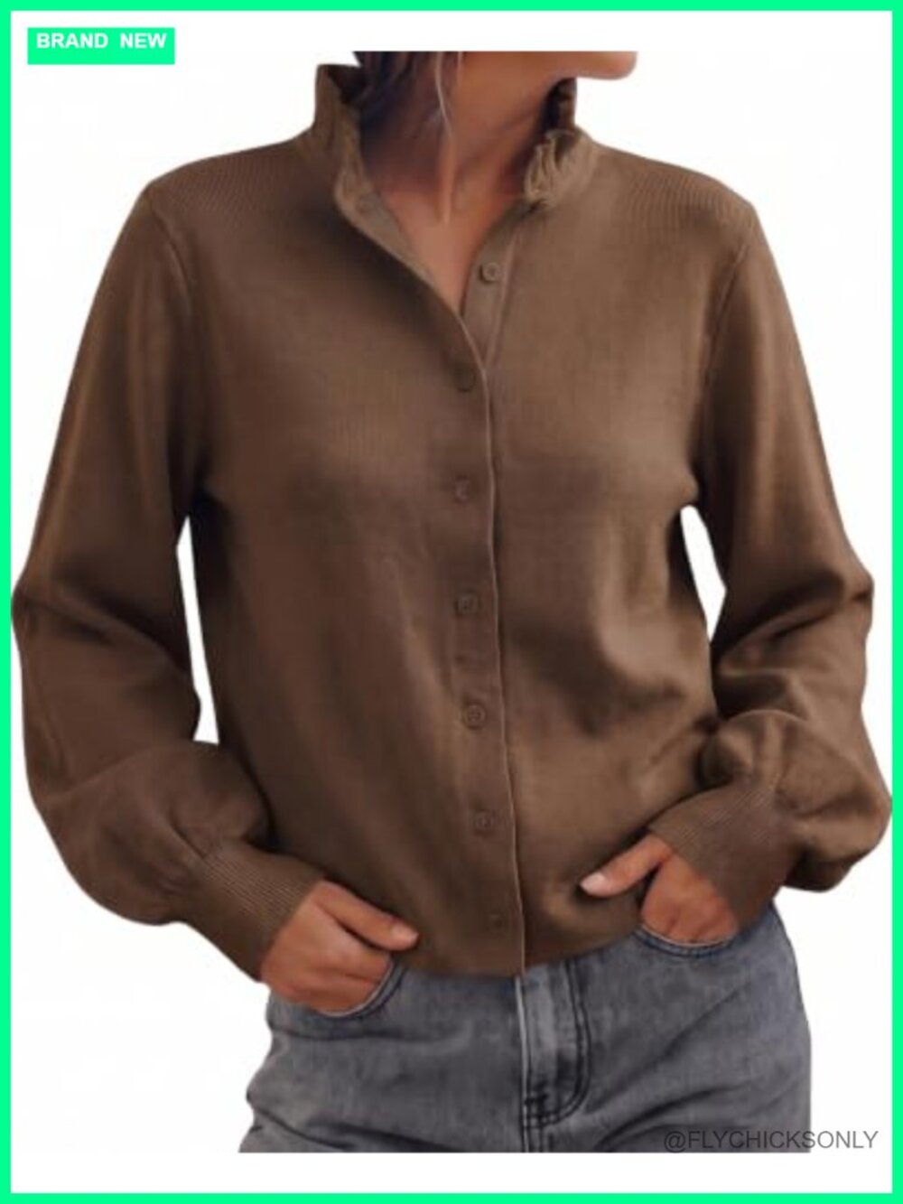 Cicy Bell Womens Puff Long Sleeve Cardigan Ruffle Collar Knit Sweater